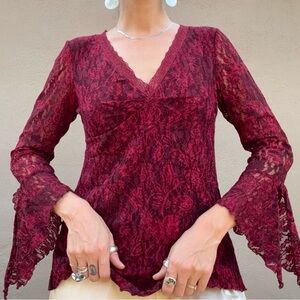 Vintage Y2K Burgundy Lace Bell Sleeve Top